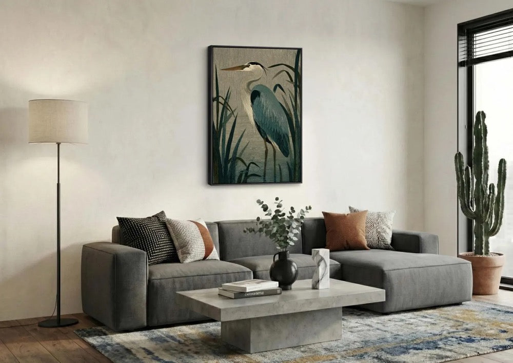 Vintage Style Heron Canvas Print, Coastal Bird Wall Art, Marsh Wildlife Illustration