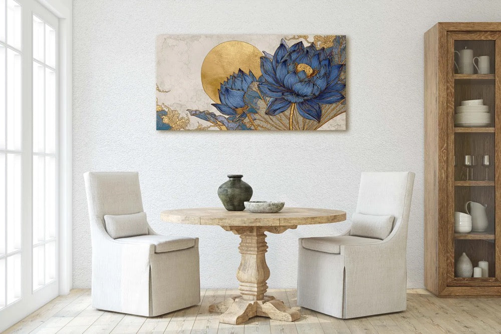 Serene Blue and Gold Lotus Flower Canvas Print, Large Horizontal Wall Art, Asian Inspired Decor, Wabi Sabi Style, Calming Bedroom Art