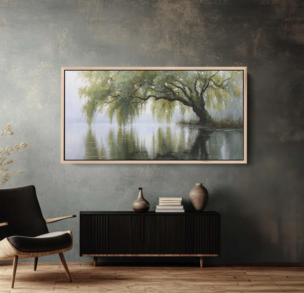 Moody Impressionist Willow Tree Over Lake, Dark Sage Green Nature Panoramic Wall Art