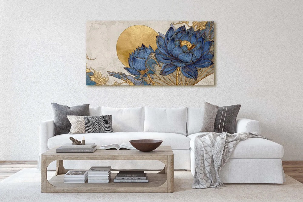 Serene Blue and Gold Lotus Flower Canvas Print, Large Horizontal Wall Art, Asian Inspired Decor, Wabi Sabi Style, Calming Bedroom Art