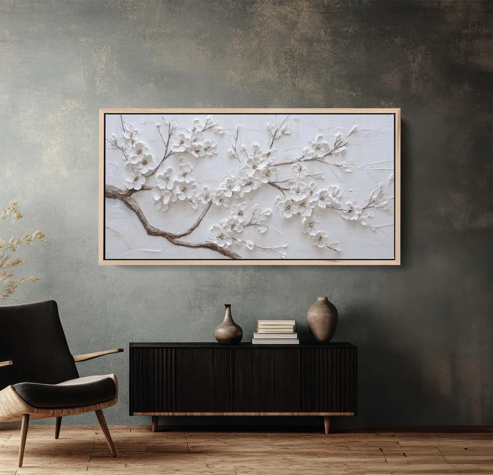 White Blossoms on Plaster Texture Canvas Print, Minimalist Floral Art, Neutral Decor