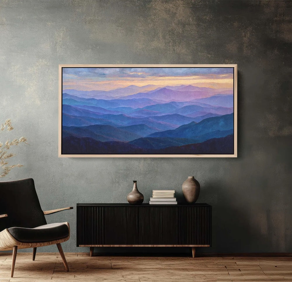 Blue Ridge Mountains Sunset Canvas Print, Layered Hills Painting, Serene Landscape Art