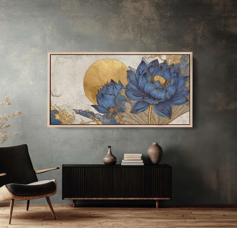 Serene Blue and Gold Lotus Flower Canvas Print, Large Horizontal Wall Art, Asian Inspired Decor, Wabi Sabi Style, Calming Bedroom Art