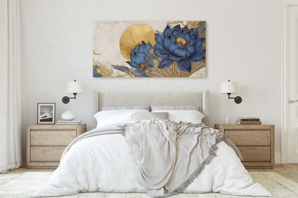 Serene Blue and Gold Lotus Flower Canvas Print, Large Horizontal Wall Art, Asian Inspired Decor, Wabi Sabi Style, Calming Bedroom Art