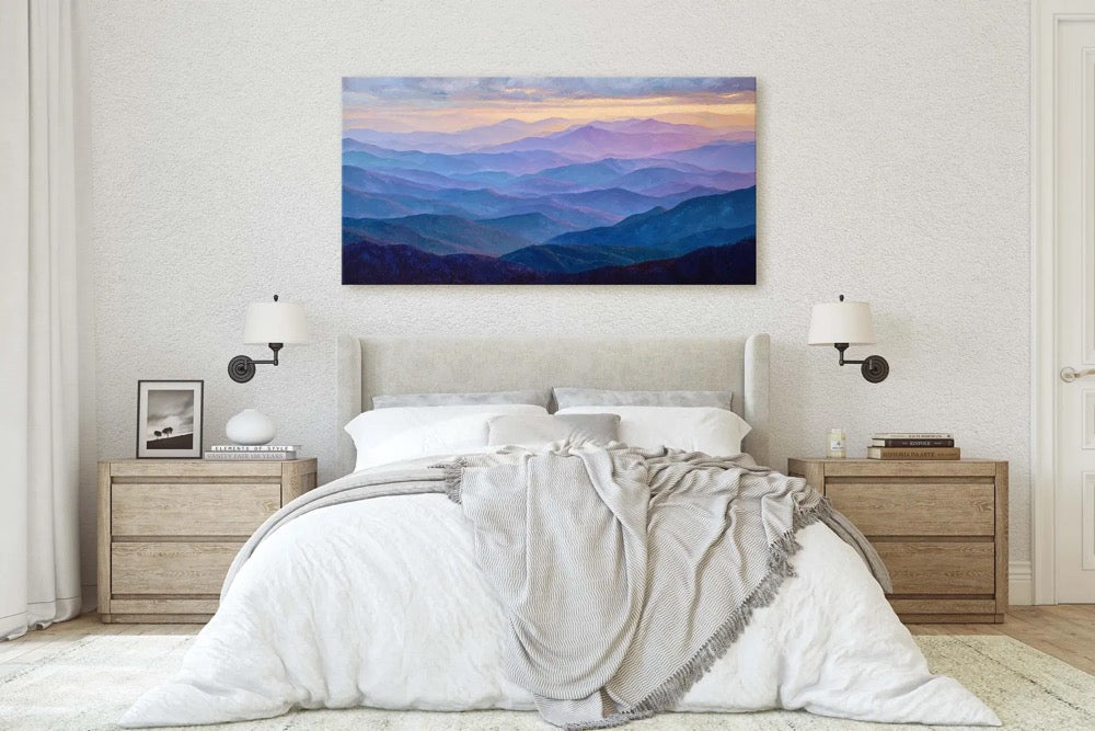 Blue Ridge Mountains Sunset Canvas Print, Layered Hills Painting, Serene Landscape Art