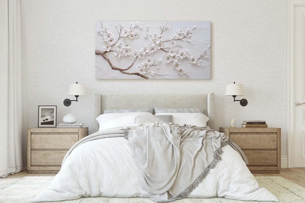 White Blossoms on Plaster Texture Canvas Print, Minimalist Floral Art, Neutral Decor