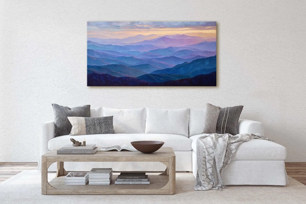 Blue Ridge Mountains Sunset Canvas Print, Layered Hills Painting, Serene Landscape Art
