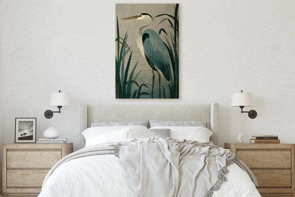 Vintage Style Heron Canvas Print, Coastal Bird Wall Art, Marsh Wildlife Illustration