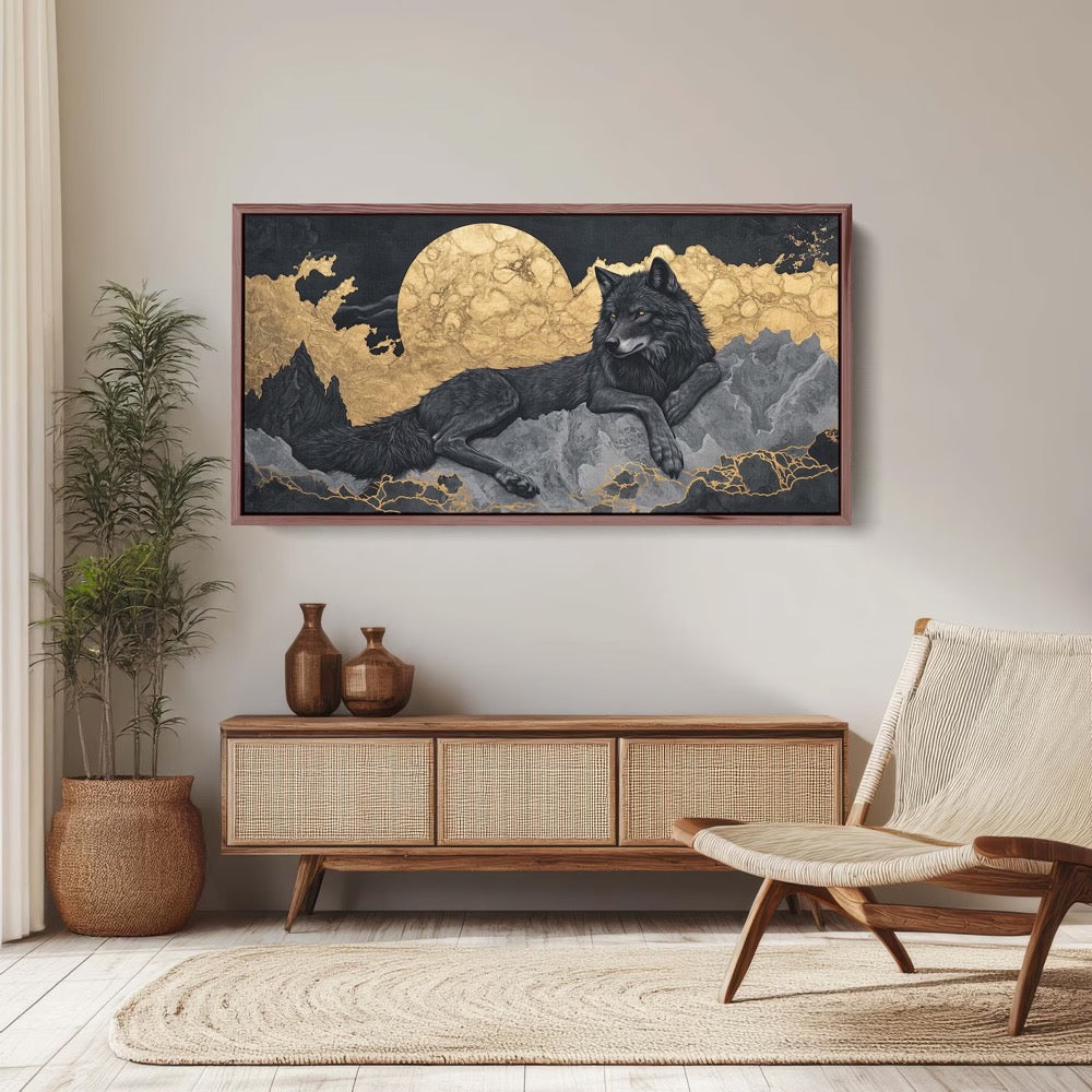 Lone Wolf Contemporary, Black and Gold Wolf, Wolf Moon