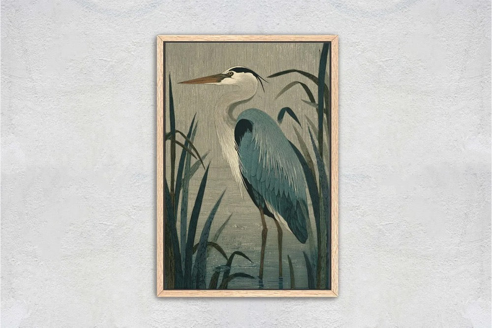 Vintage Style Heron Canvas Print, Coastal Bird Wall Art, Marsh Wildlife Illustration