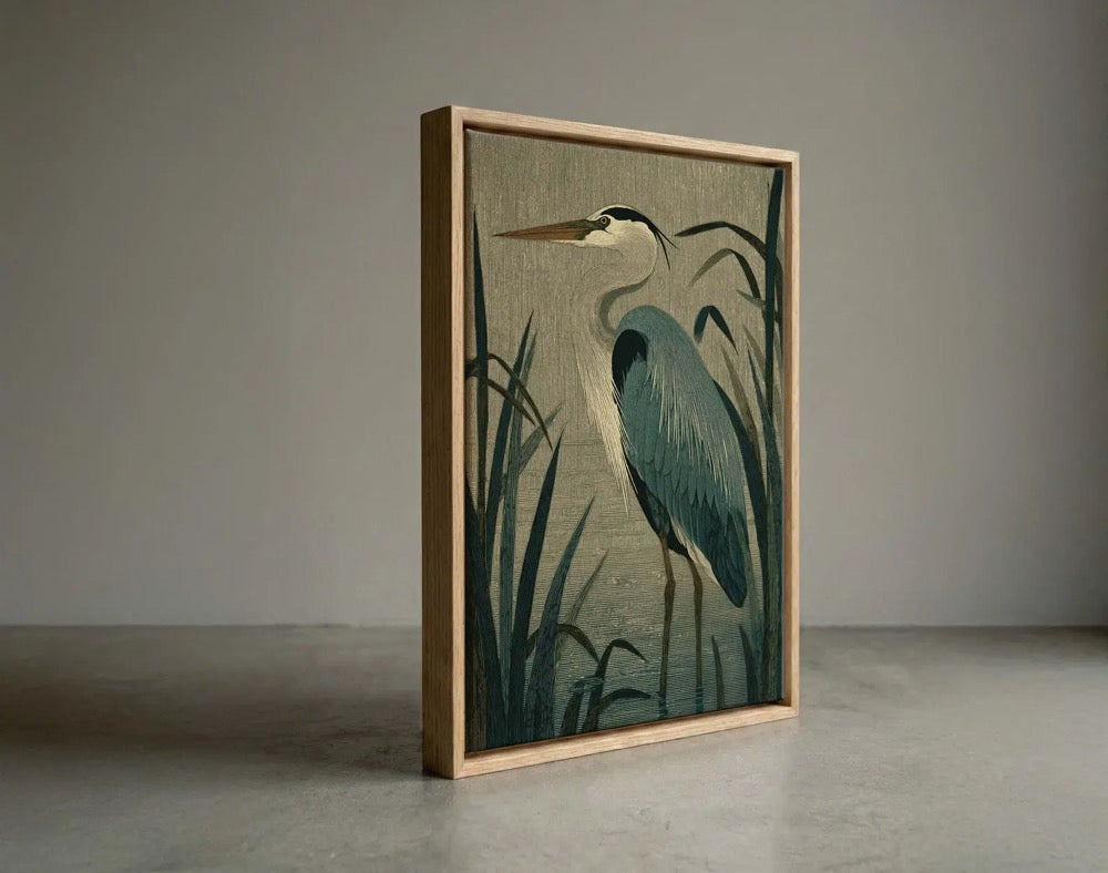 Vintage Style Heron Canvas Print, Coastal Bird Wall Art, Marsh Wildlife Illustration