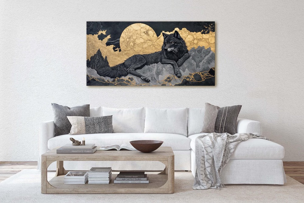 Lone Wolf Contemporary, Black and Gold Wolf, Wolf Moon