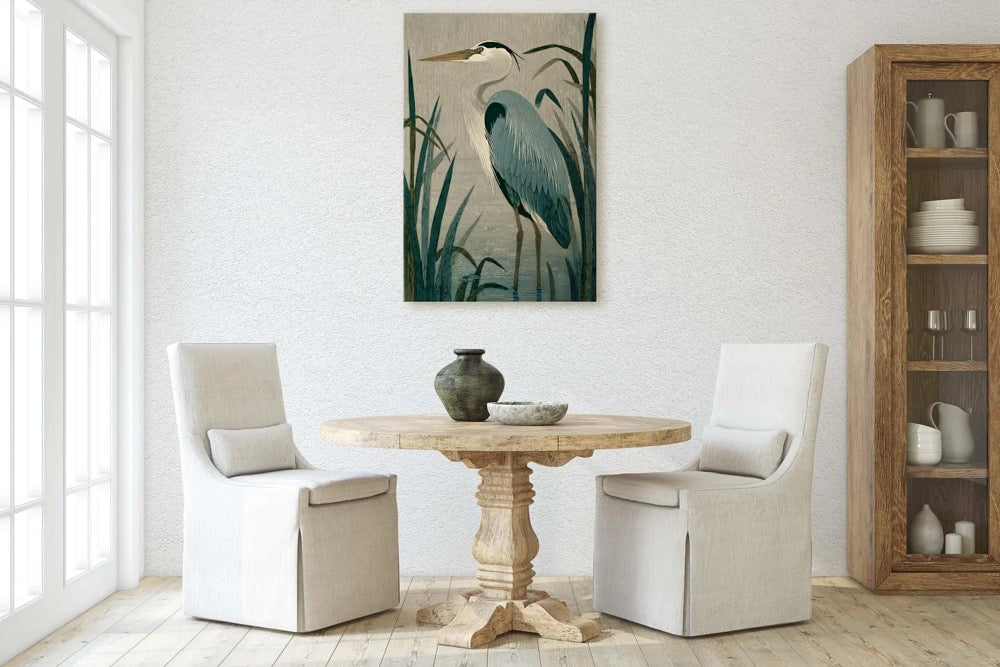 Vintage Style Heron Canvas Print, Coastal Bird Wall Art, Marsh Wildlife Illustration
