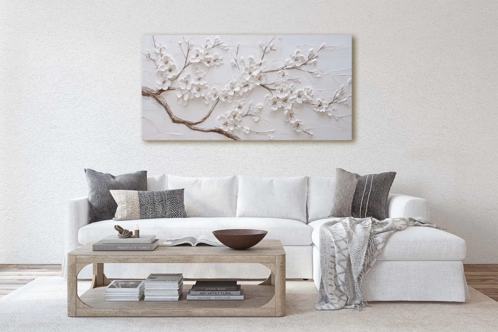 White Blossoms on Plaster Texture Canvas Print, Minimalist Floral Art, Neutral Decor