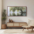 Moody Impressionist Willow Tree Over Lake, Dark Sage Green Nature Panoramic Wall Art