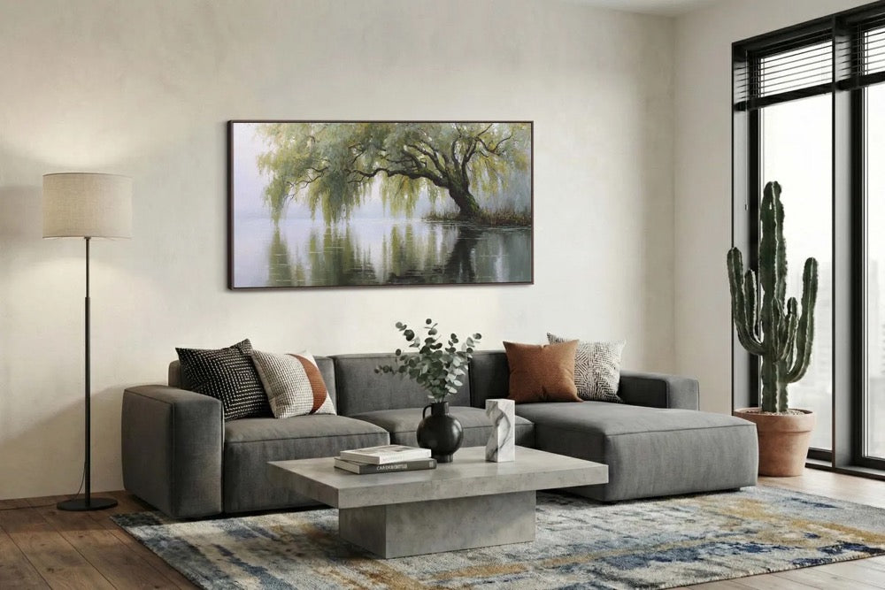 Moody Impressionist Willow Tree Over Lake, Dark Sage Green Nature Panoramic Wall Art