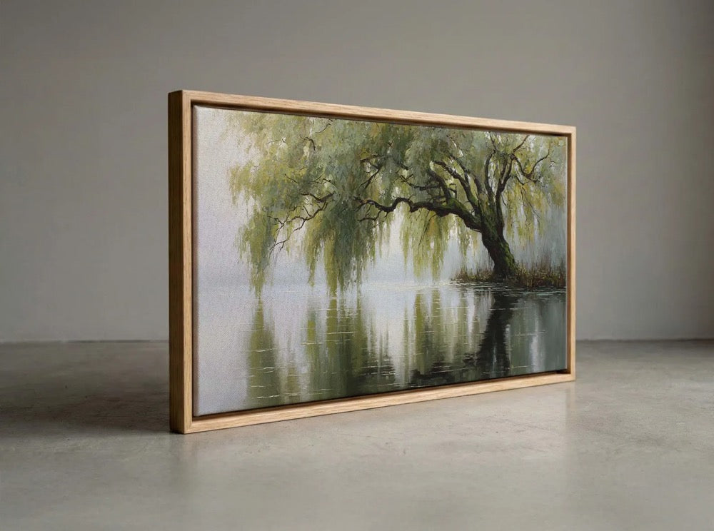 Moody Impressionist Willow Tree Over Lake, Dark Sage Green Nature Panoramic Wall Art