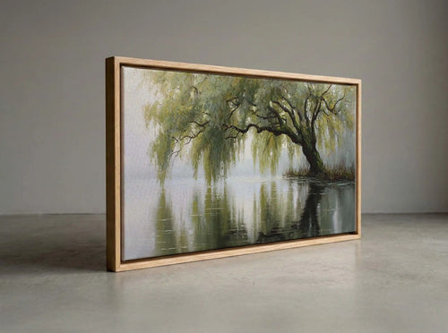 Moody Impressionist Willow Tree Over Lake, Dark Sage Green Nature Panoramic Wall Art