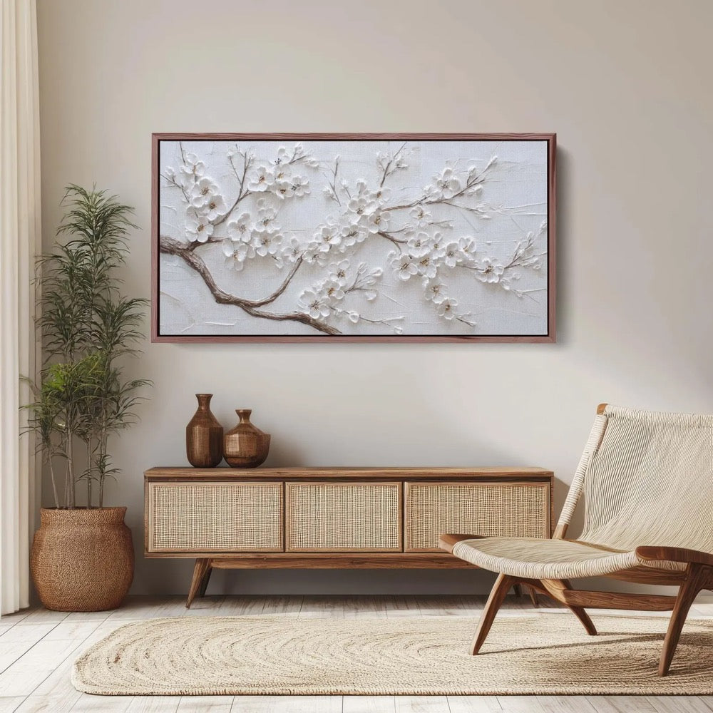 White Blossoms on Plaster Texture Canvas Print, Minimalist Floral Art, Neutral Decor