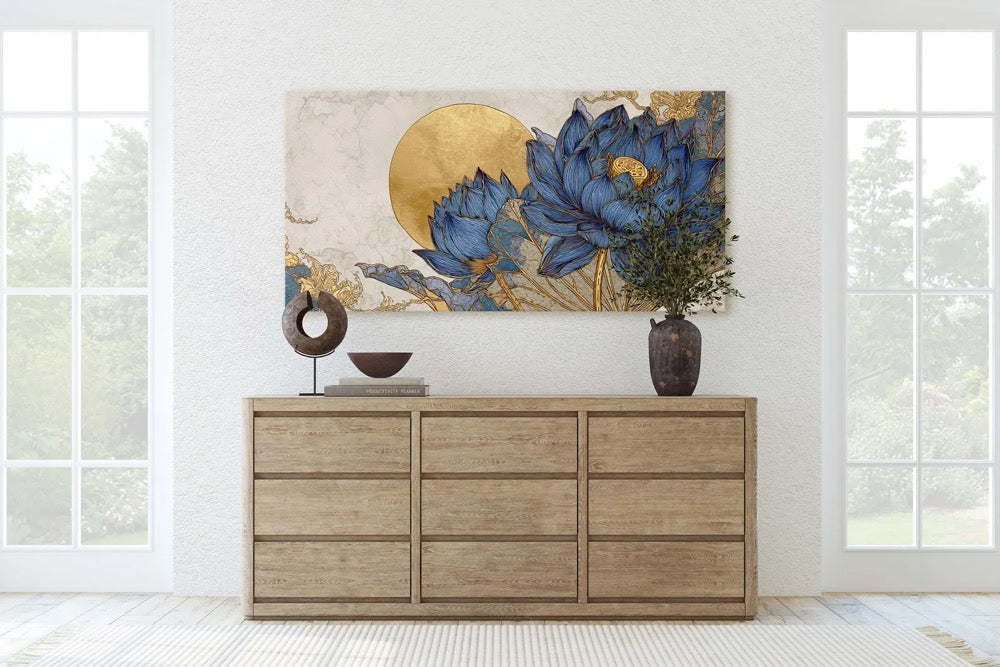 Serene Blue and Gold Lotus Flower Canvas Print, Large Horizontal Wall Art, Asian Inspired Decor, Wabi Sabi Style, Calming Bedroom Art
