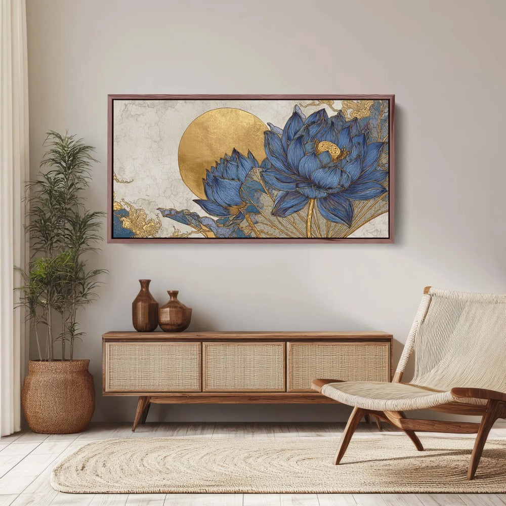 Serene Blue and Gold Lotus Flower Canvas Print, Large Horizontal Wall Art, Asian Inspired Decor, Wabi Sabi Style, Calming Bedroom Art