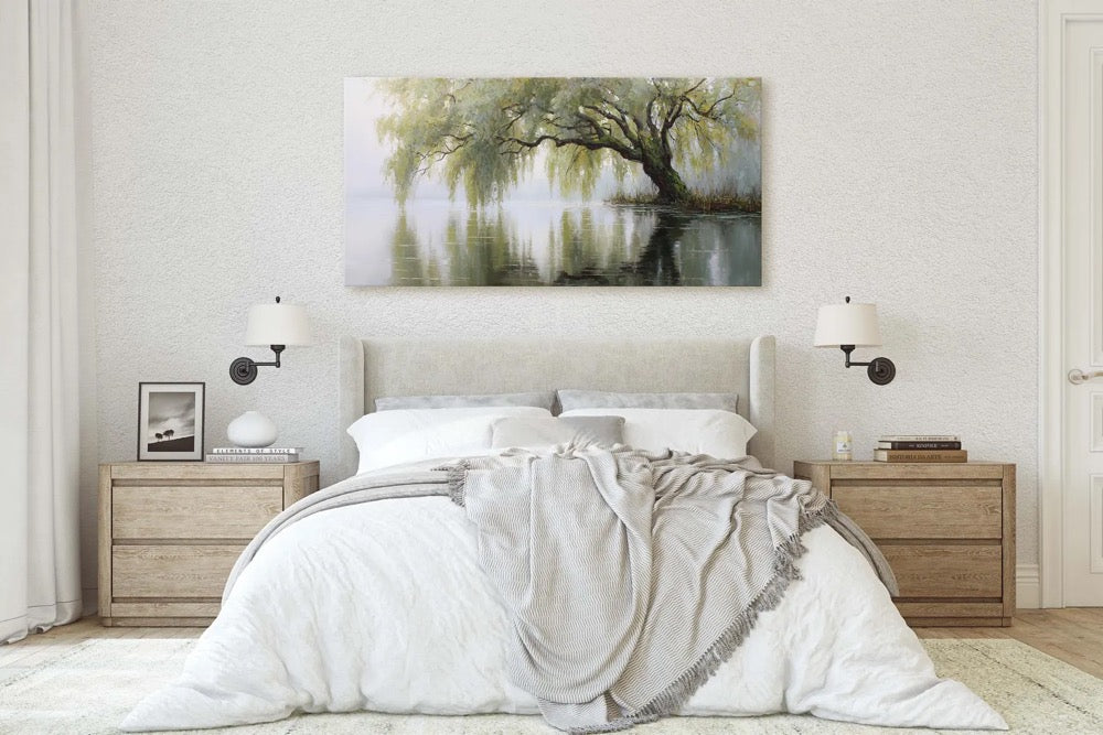 Moody Impressionist Willow Tree Over Lake, Dark Sage Green Nature Panoramic Wall Art